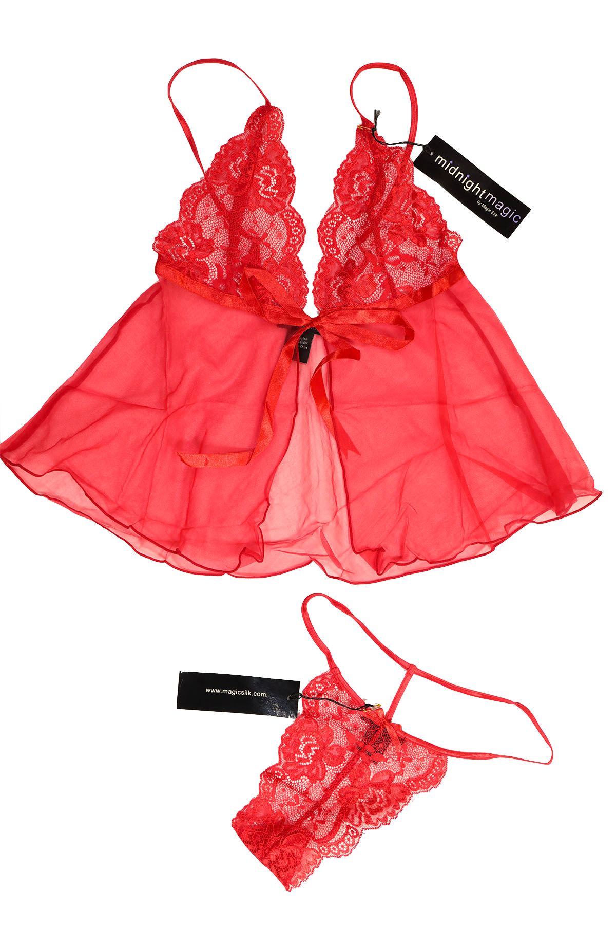 Midnight Magic Red Lace/Mesh Babydoll Cami & G-String 2-Pc Set