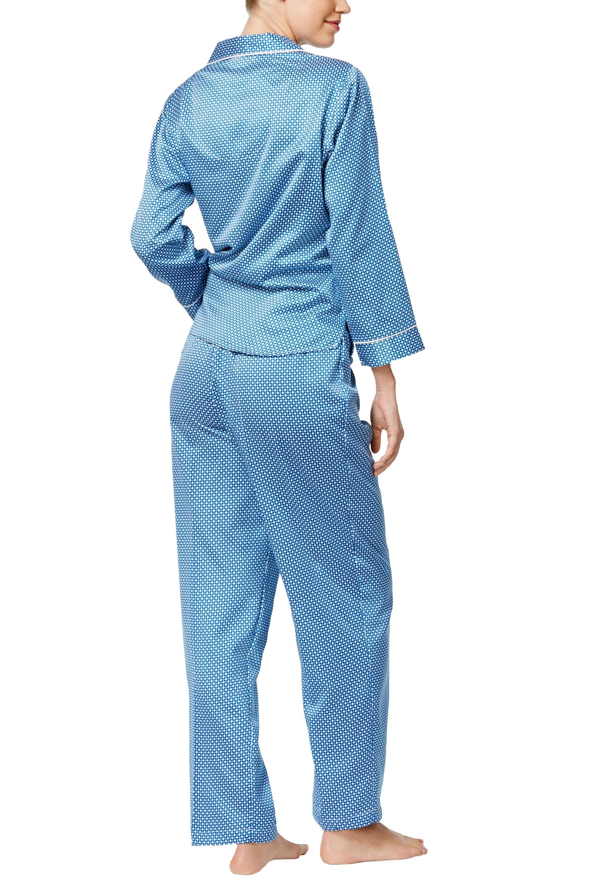 Miss Elaine Blue/White Foulard-Print Satin Pajama Set