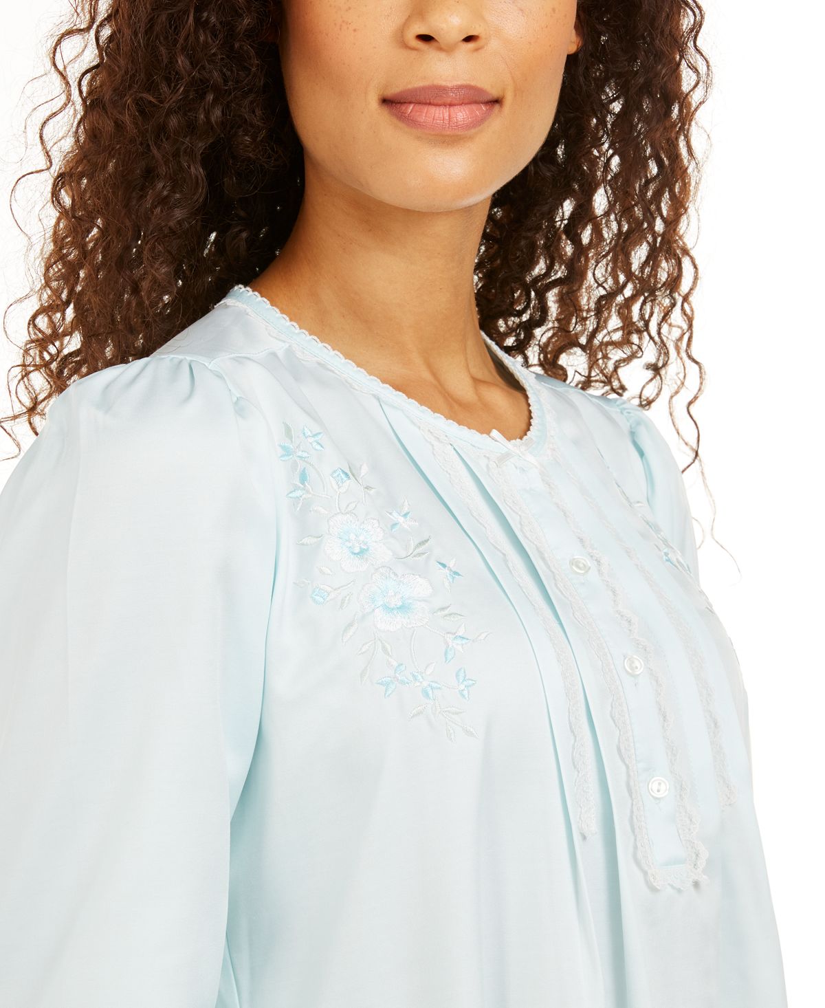 Miss Elaine Brushed Back Satin Embroidered Nightgown Aqua