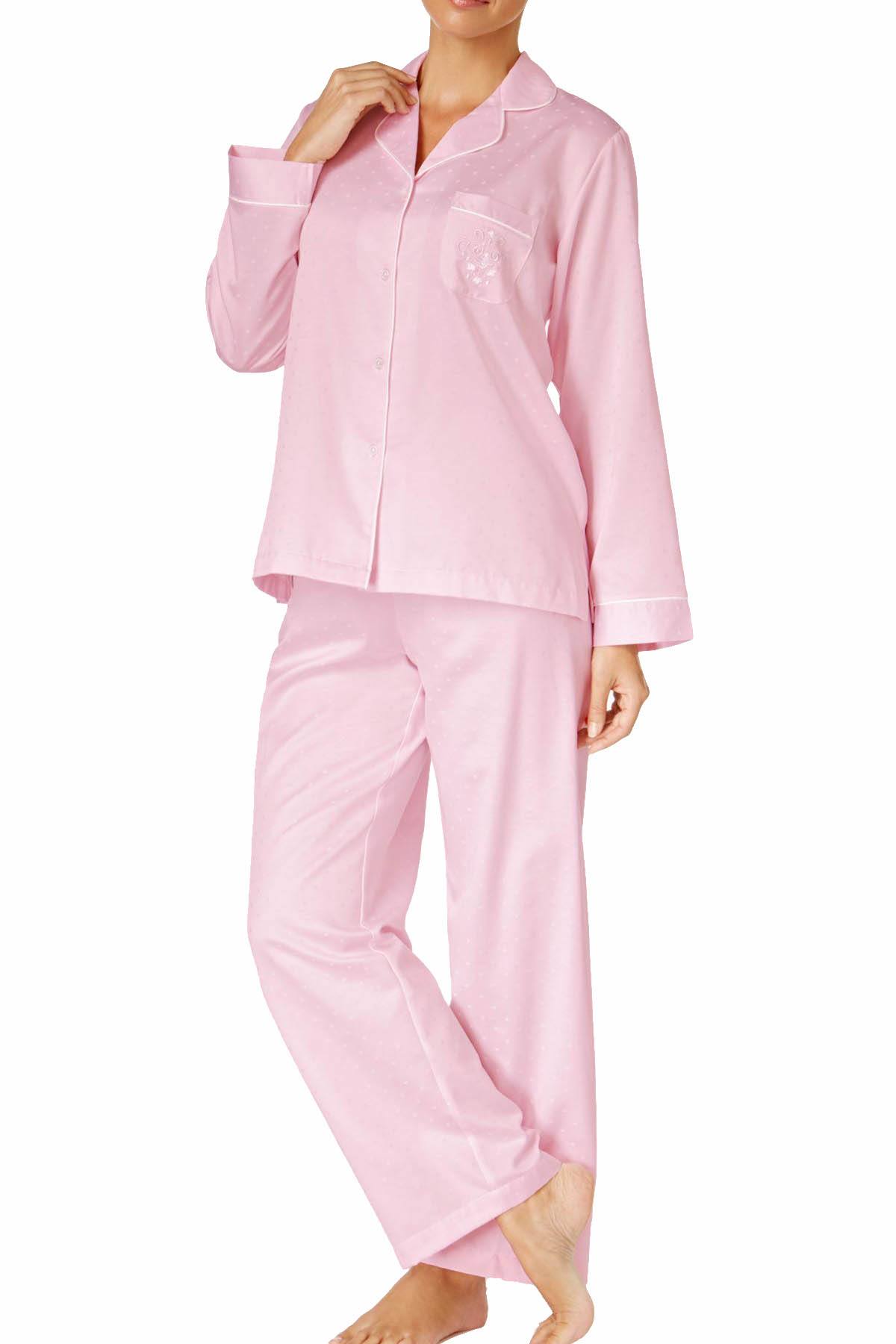 Miss Elaine PETITE Pink Jacquard Dot Brushed Back Satin 2 Piece PJ Set CheapUndies