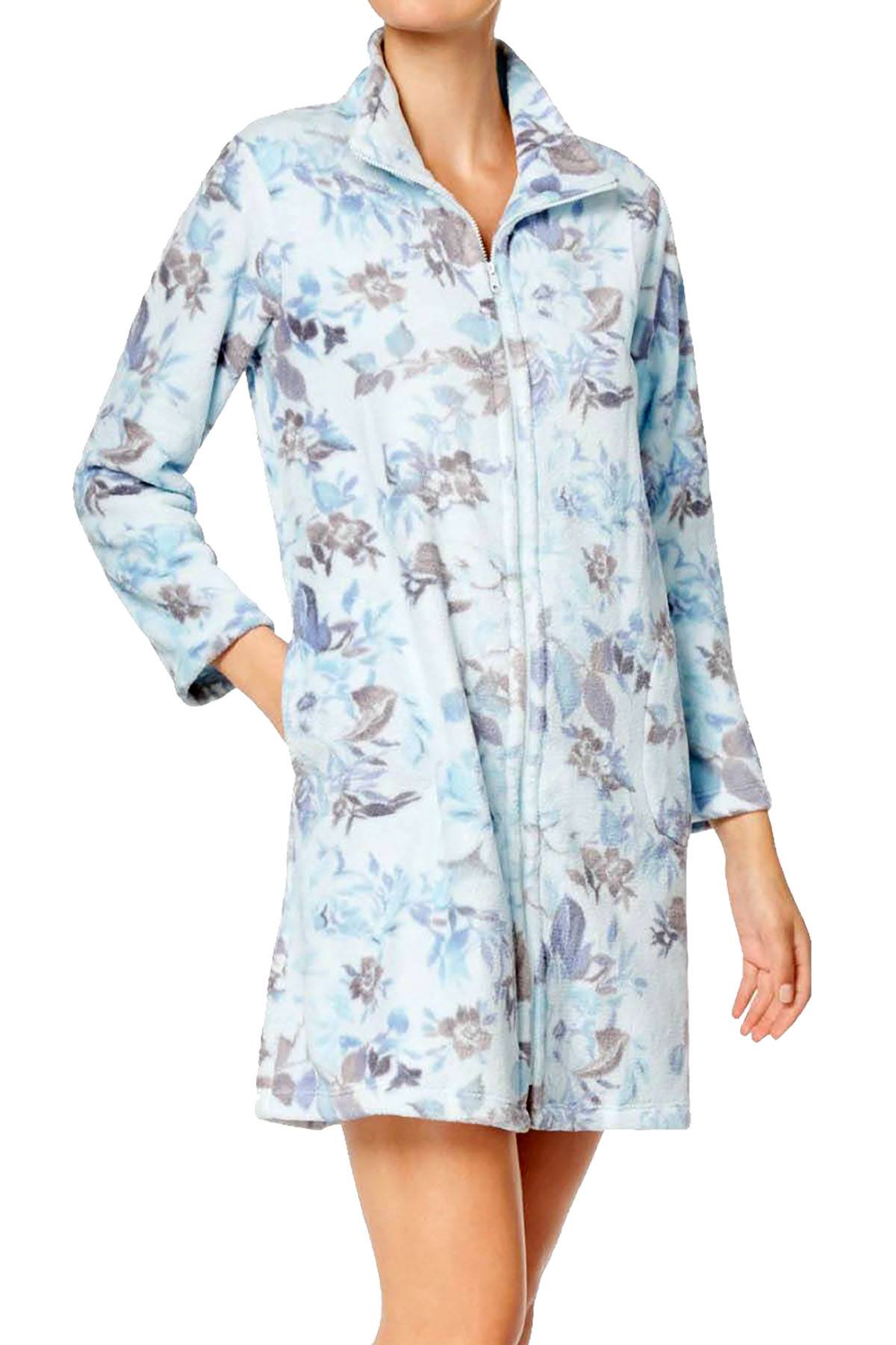 Miss Elaine PLUS Blue Floral-Print Fleece Short Robe