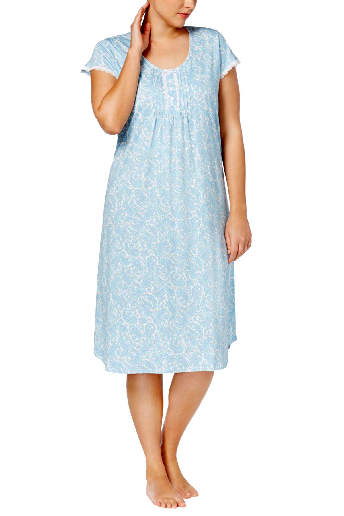 Miss Elaine PLUS Blue Paisley-Print Tucked-Front Knit Nightgown