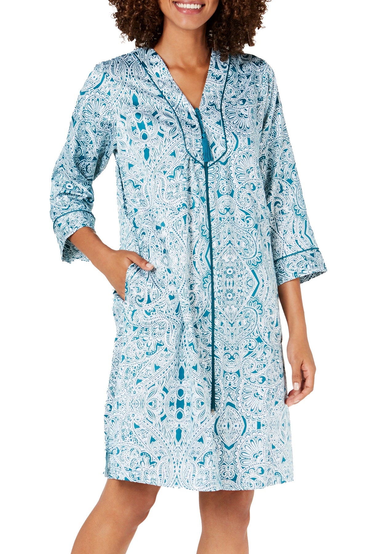 Miss Elaine Printed Brushed Back Satin Zip Robe in Jade Paisley