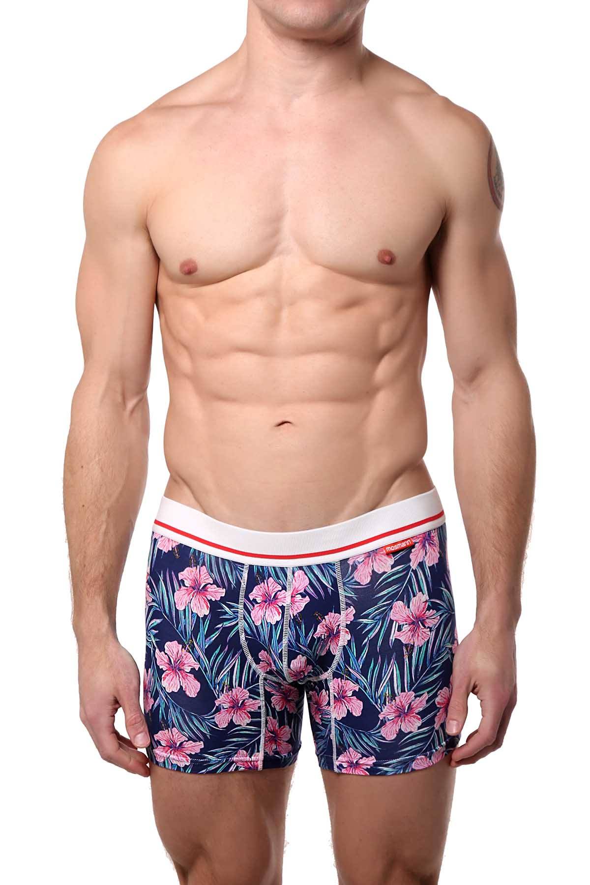 Mosmann Blue/Pink Hibiscus Florals St. Lucia Bamboo Boxer Brief