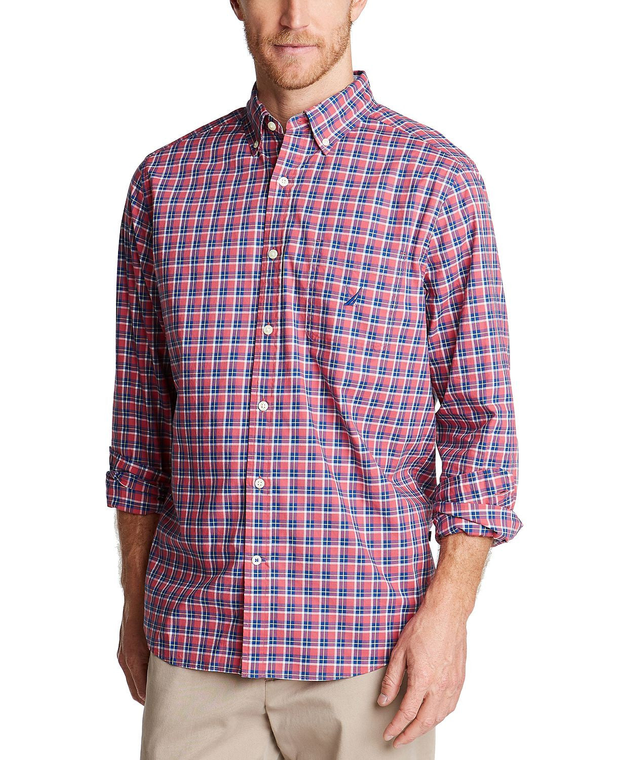 Nautica Classic-fit Blue Sail Casual Plaid Shirt Lt/pas Red
