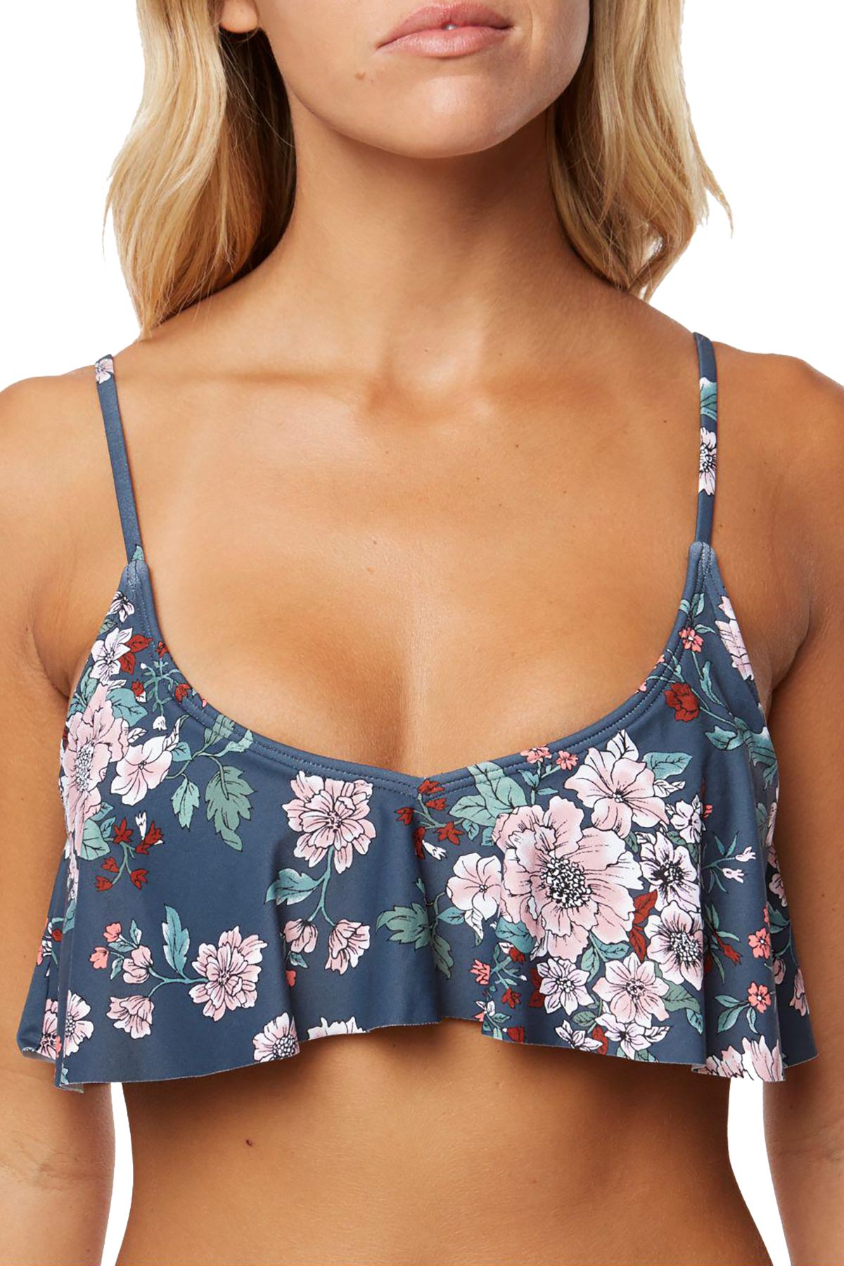 O'Neill Deep Teal Floral Print James Flounce Bikini Top