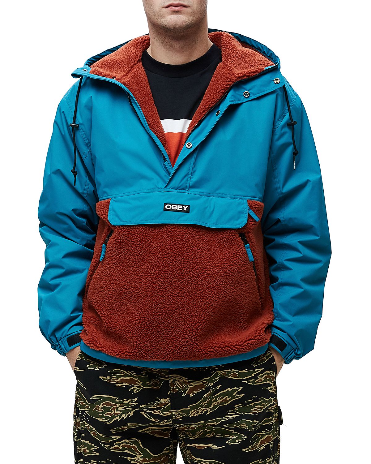 Obey Splits Sherpa Anorak Jacket Pure Teal Multi
