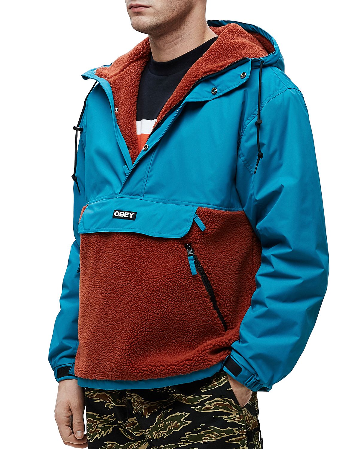 Obey Splits Sherpa Anorak Jacket Pure Teal Multi
