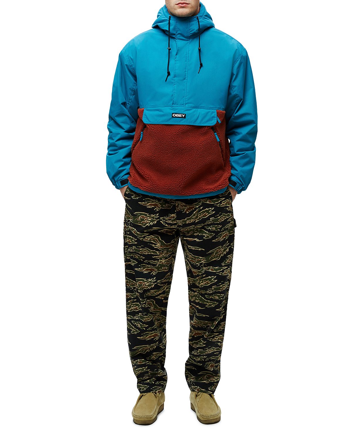 Obey Splits Sherpa Anorak Jacket Pure Teal Multi