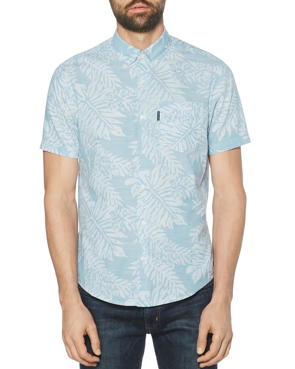 Original Penguin Cotton Leaf Printed Regular Fit Shirt Ballad Blue