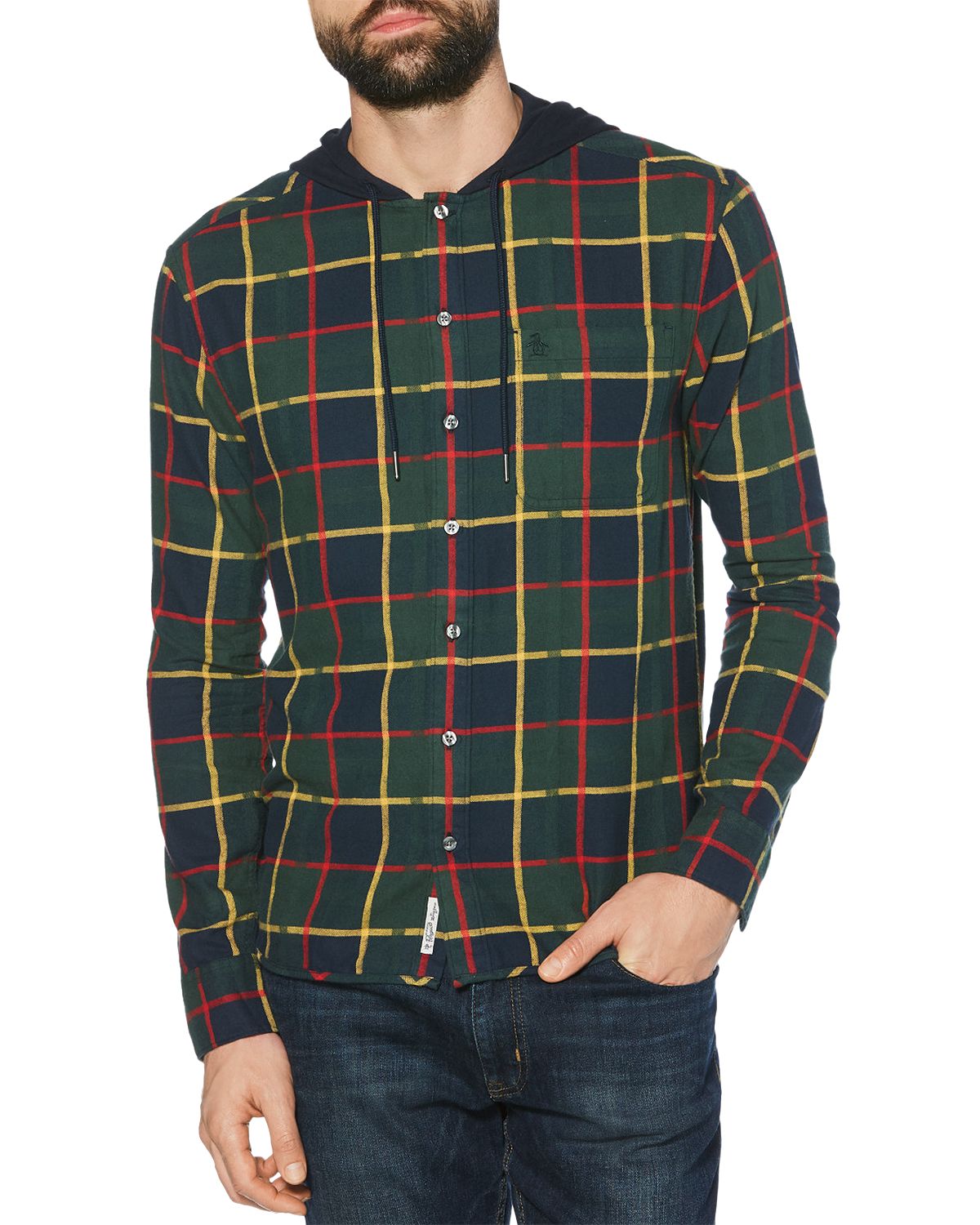 Original Penguin Plaid Flannel Hooded Regular Fit Shirt Dark Sapphire
