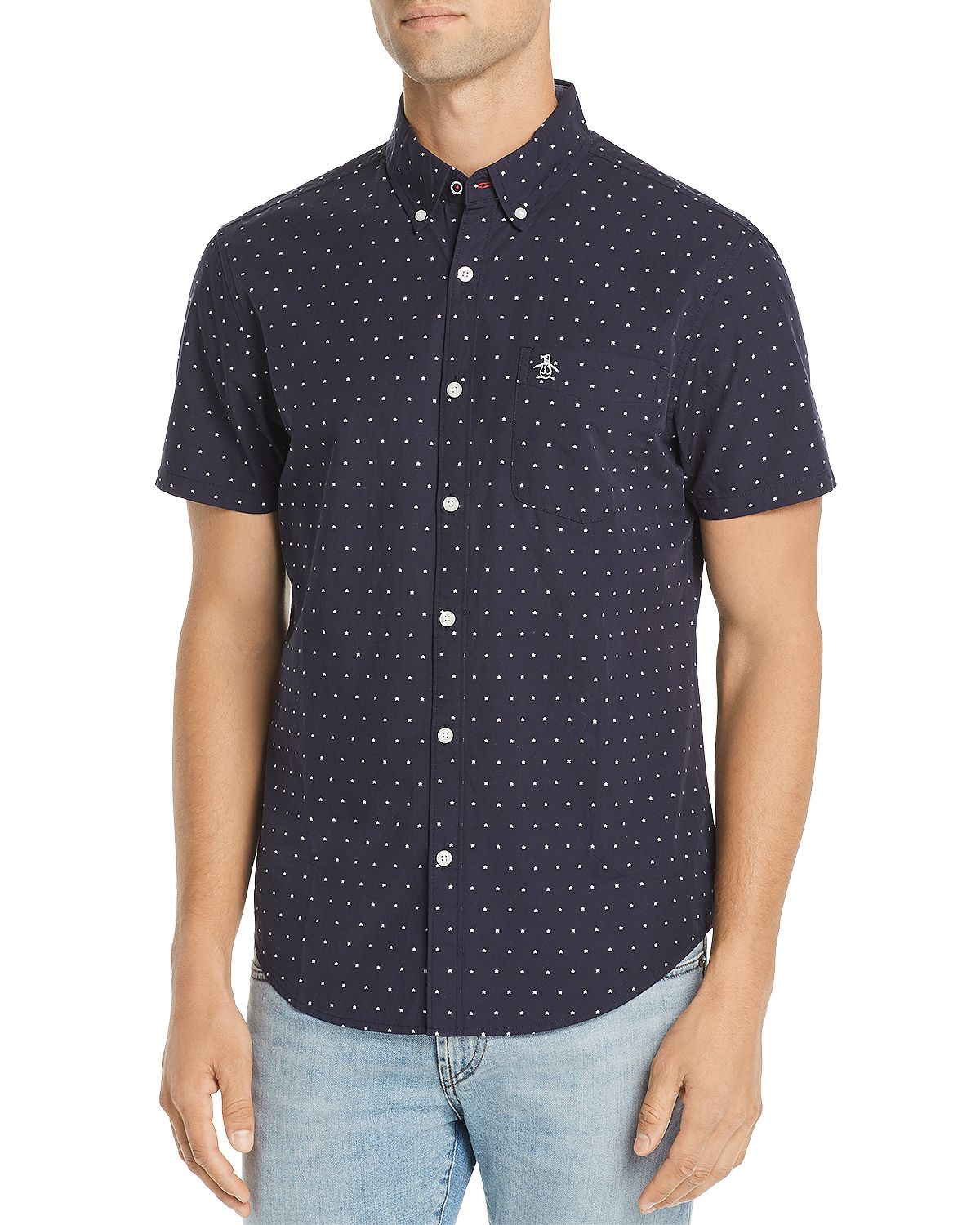 Original Penguin Short-sleeve Embroidered Star Regular Fit Button-down Shirt Dark Sapphire