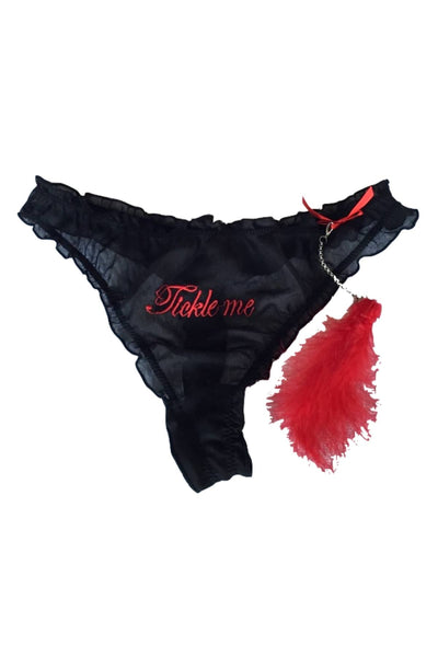 René Rofé Black/Red Tickle-Me Mesh Ruffle Thong with Feather Charm