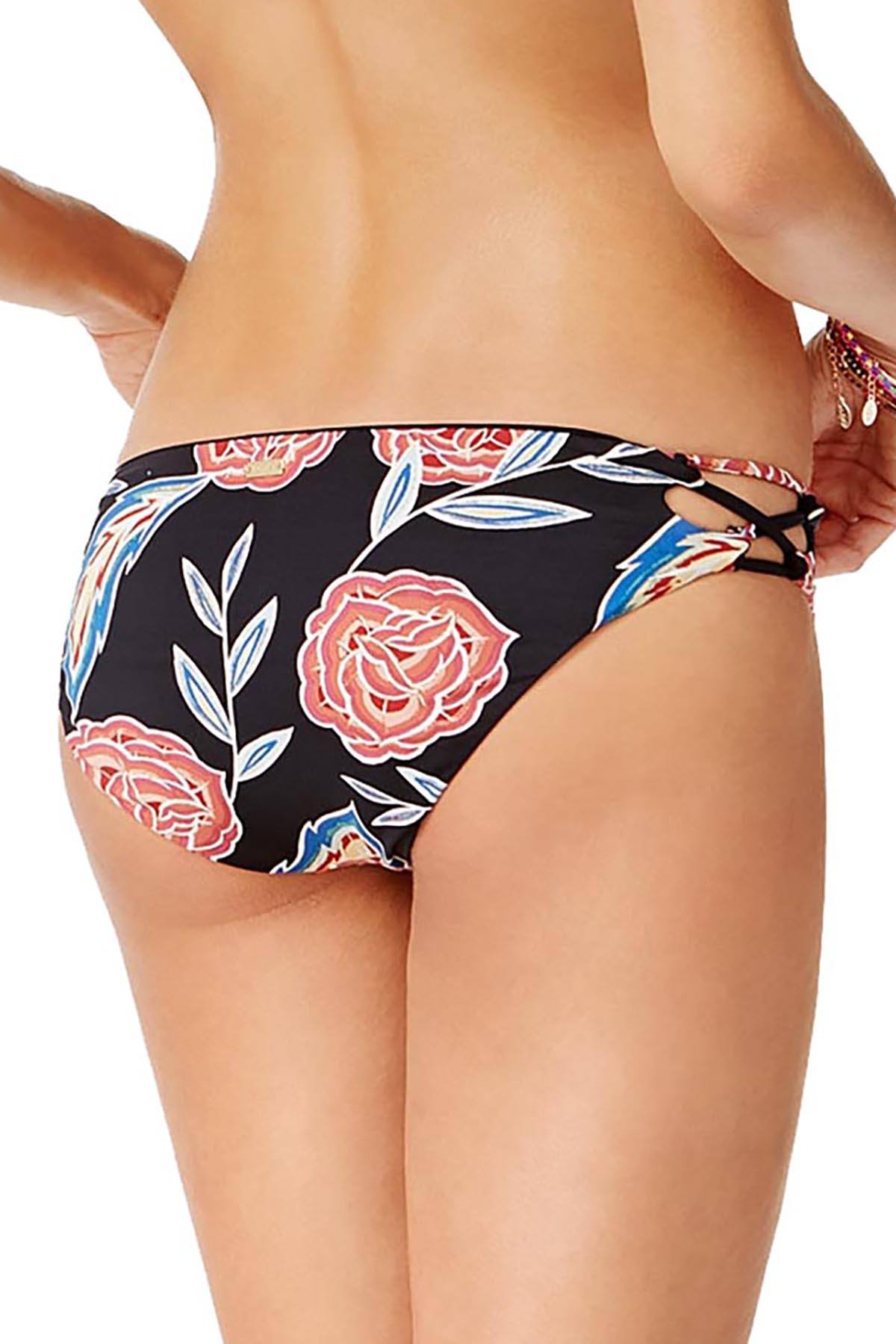 Roxy Anthracite Mexican-Rose Reversible Lace-Up 70's Bikini Bottom