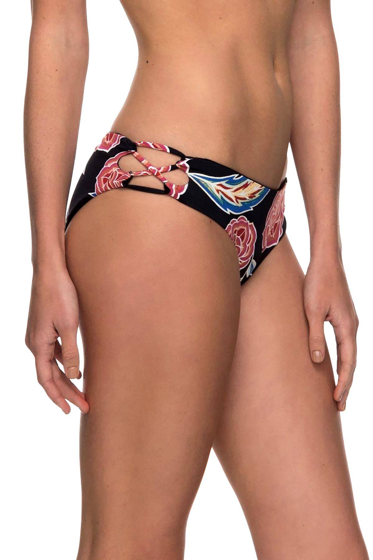 Roxy Anthracite Mexican-Rose Reversible Lace-Up 70's Bikini Bottom