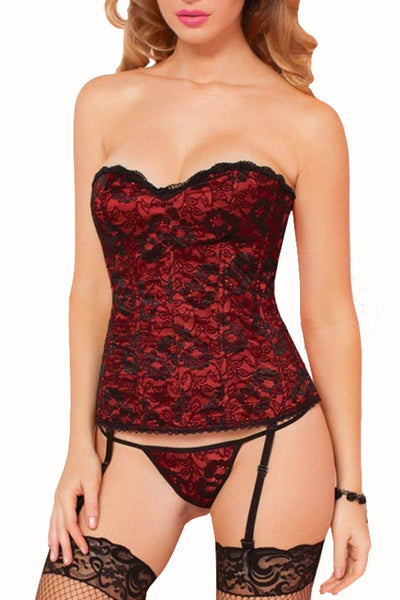 Seven 'Til Midnight Red/Black Romantic Lace Corset & Thong 2pc Set