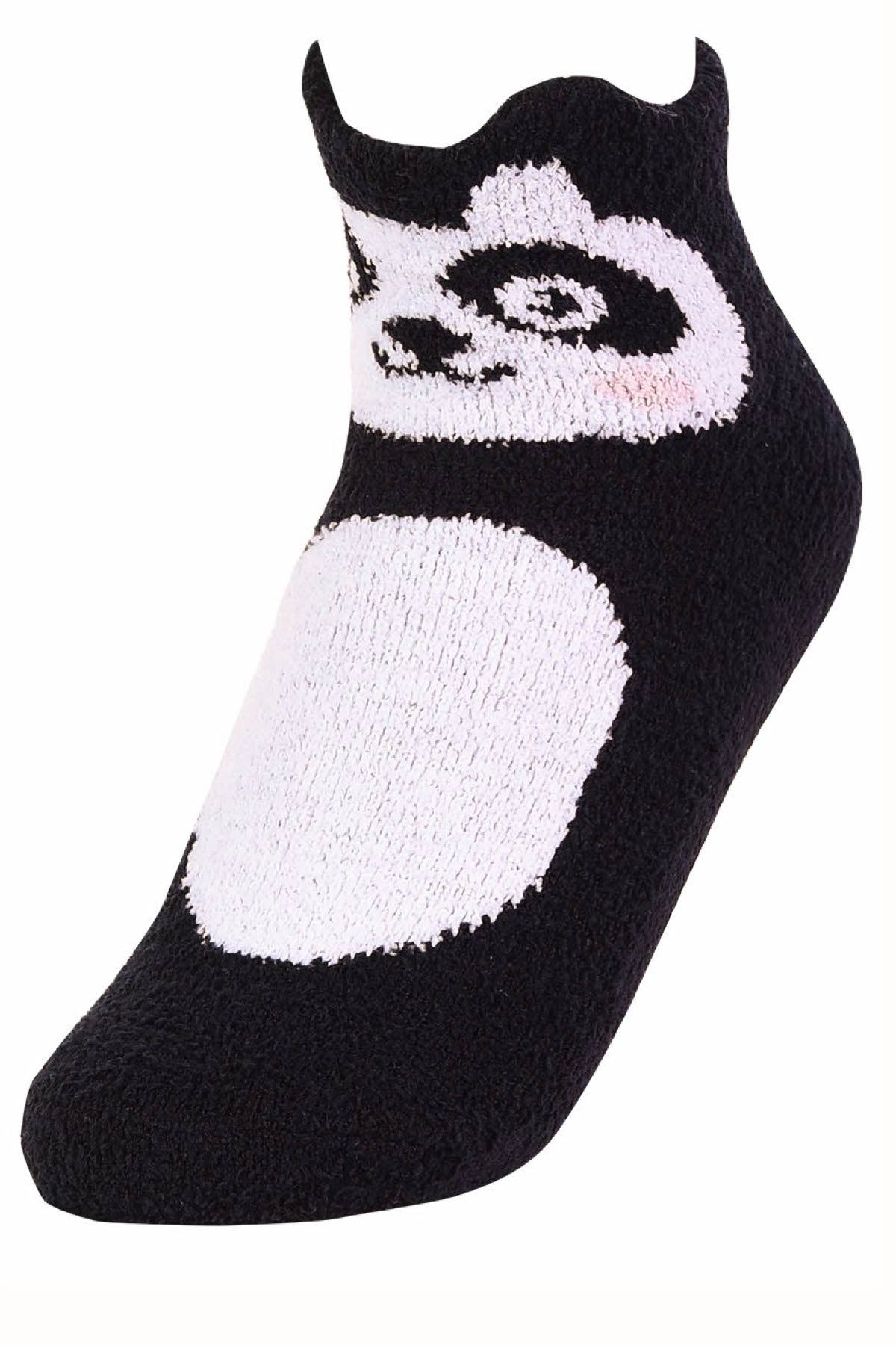 Sofra Black Panda Cozy Picot Ankle Socks with Grippers