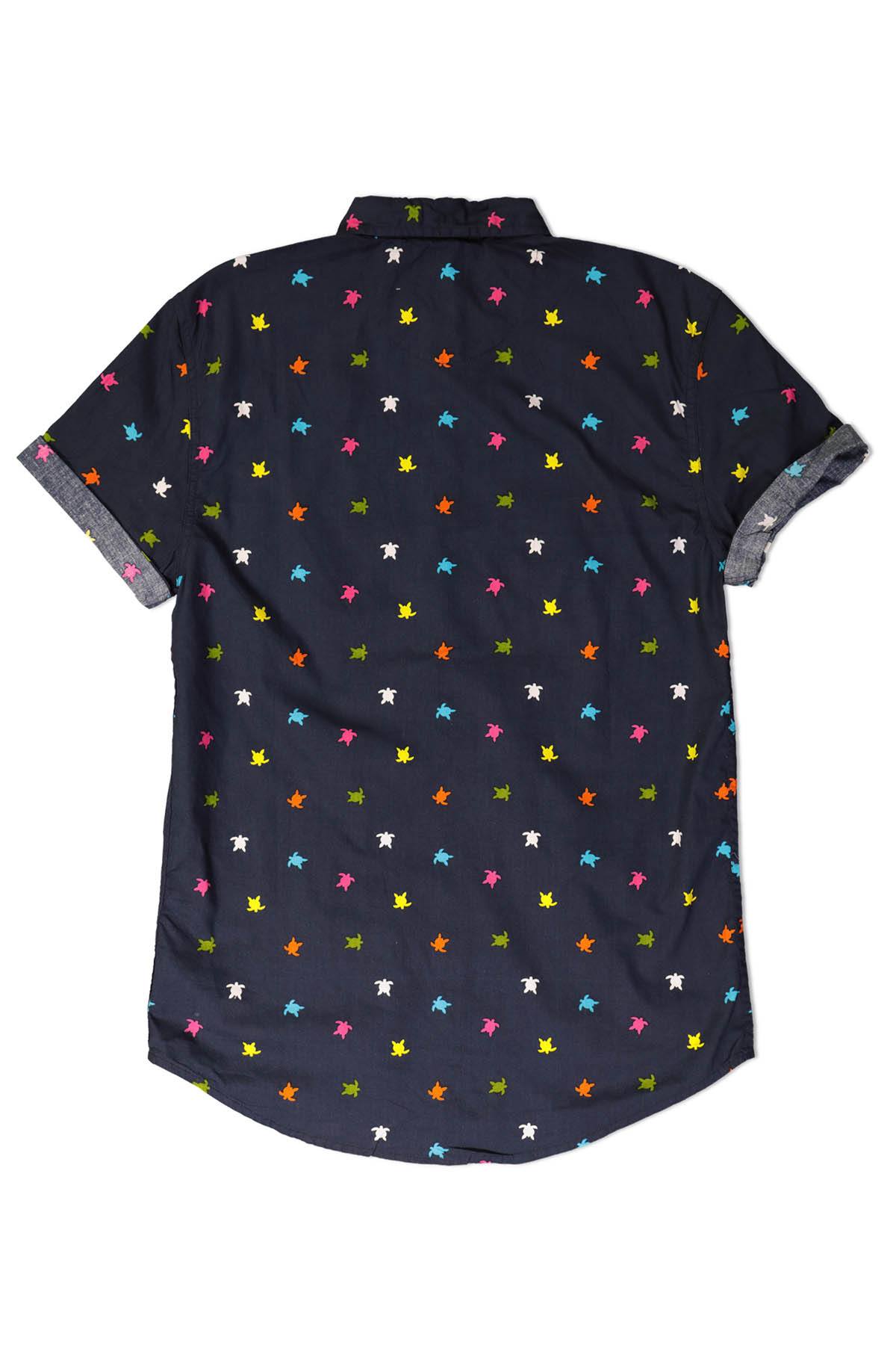 Soul Star Navy-Blue Turtle-Print Slim-Fit Button-Up