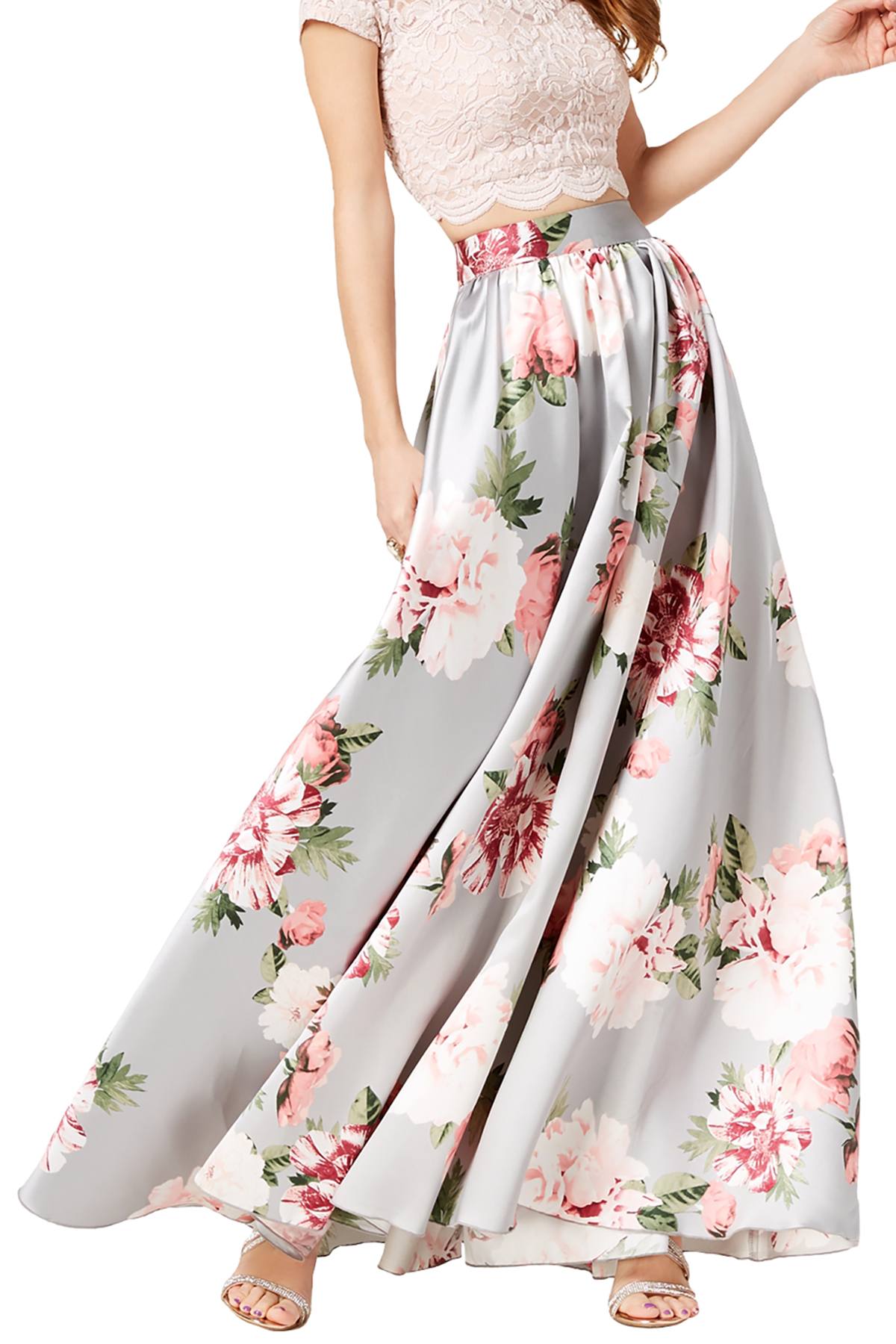 Speechless Grey/Blush Floral-Print Formal Mikado Skirt