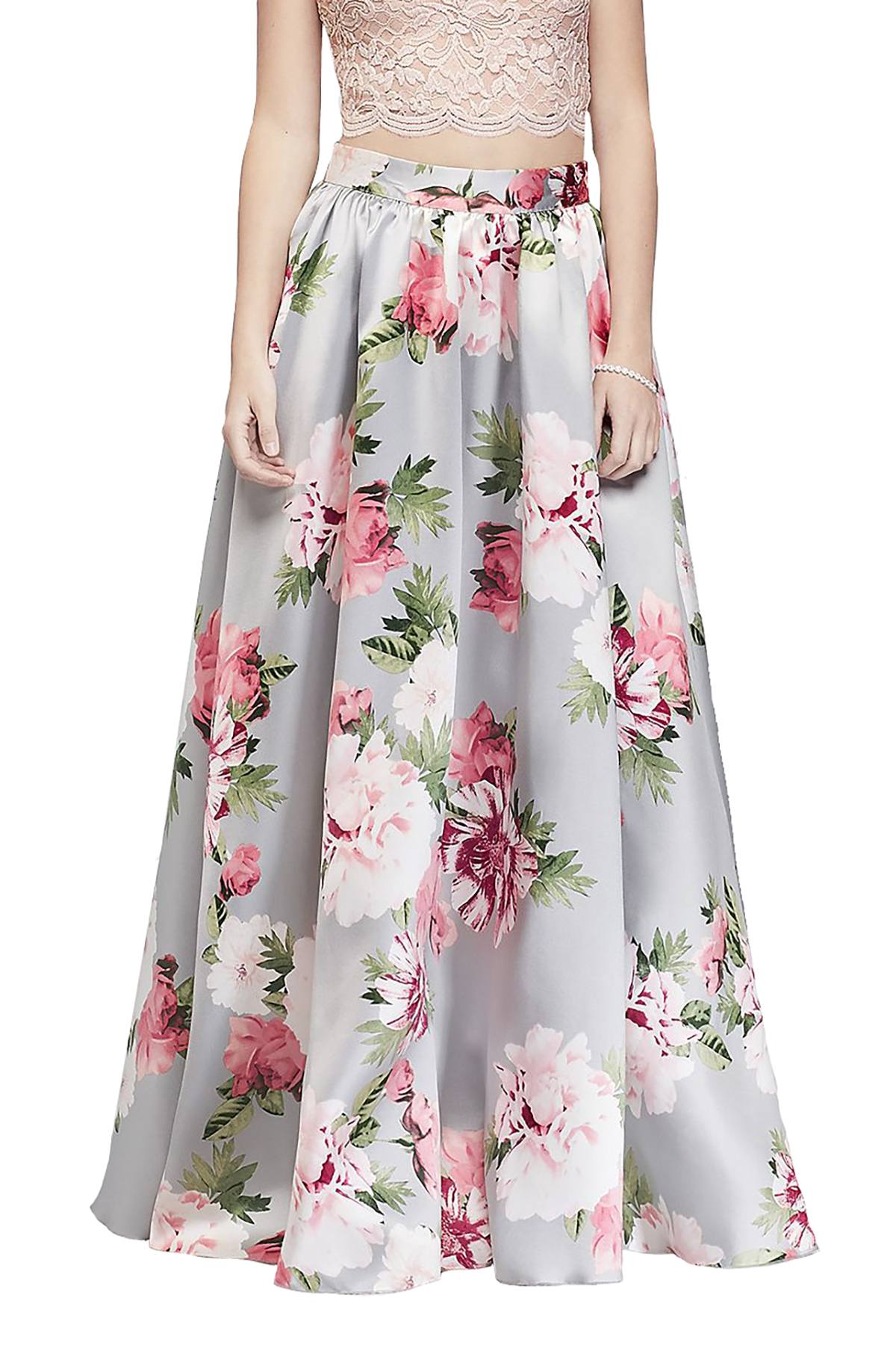 Speechless Grey/Blush Floral-Print Formal Mikado Skirt