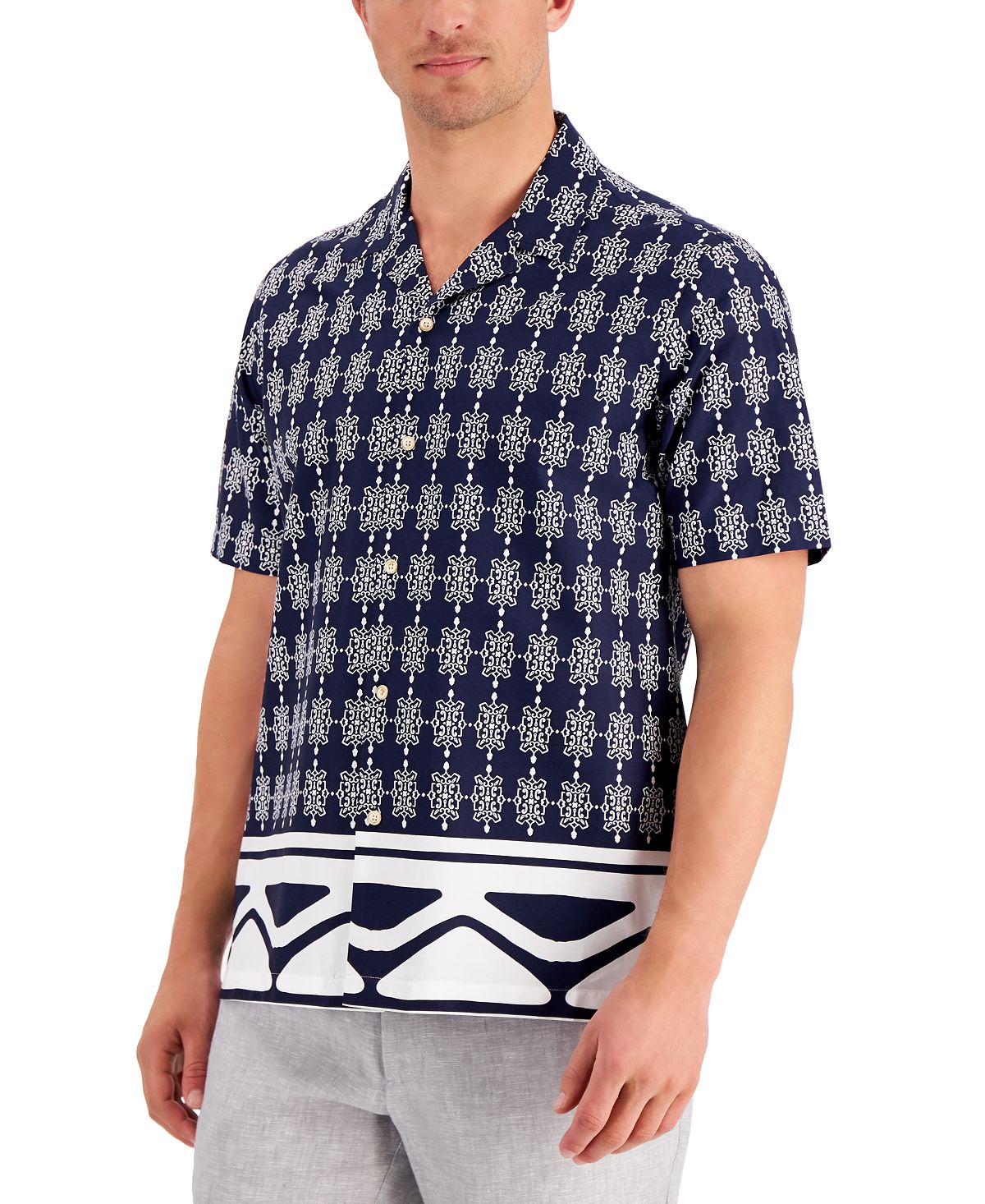 Tasso Elba Mediana Geometric-print Cotton Shirt Navy Combo