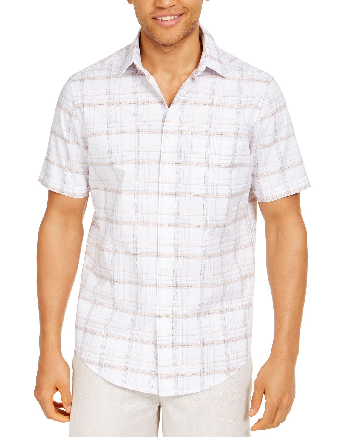 Tasso Elba Stretch Dobby Plaid Shirt White Combo