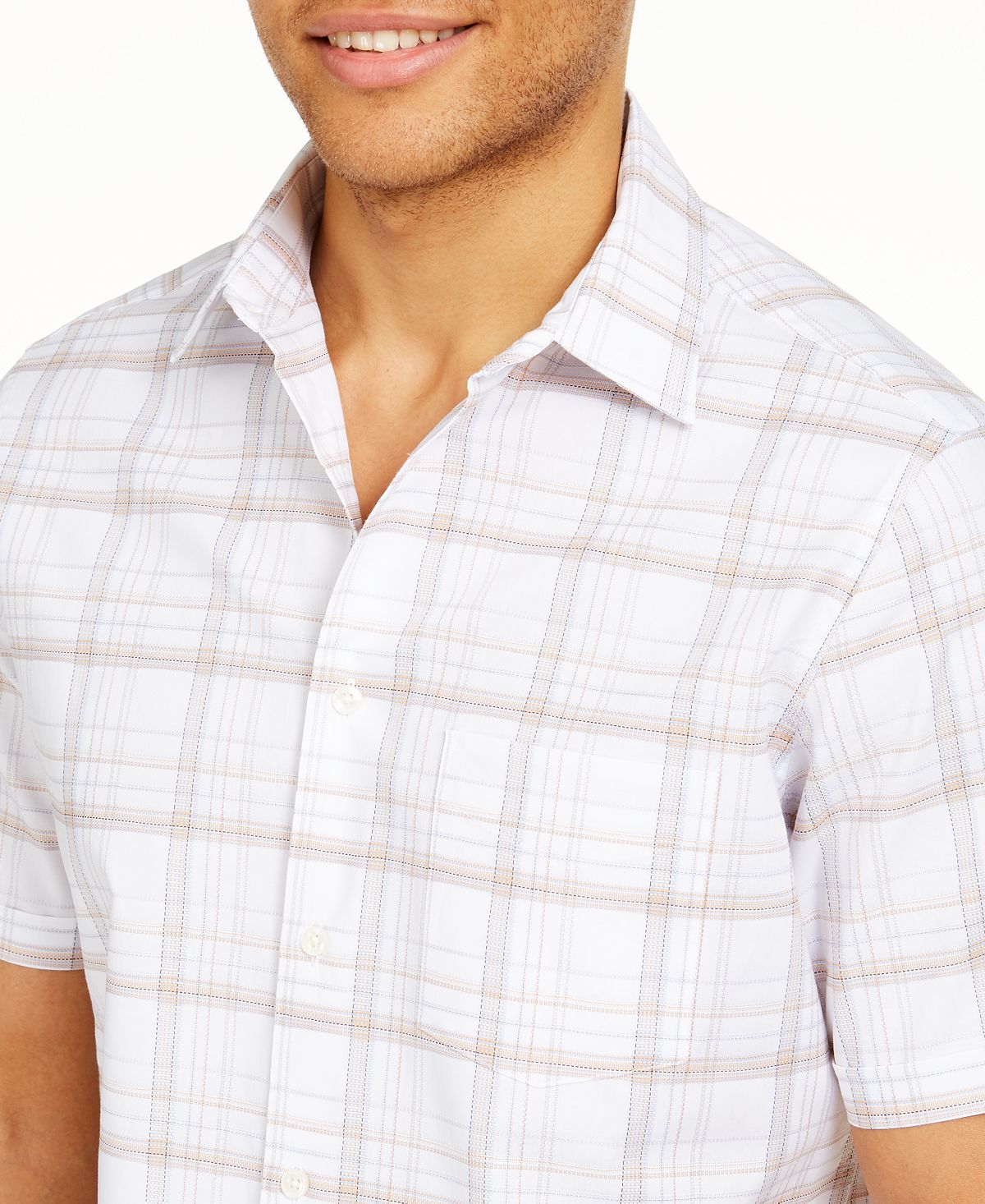 Tasso Elba Stretch Dobby Plaid Shirt White Combo