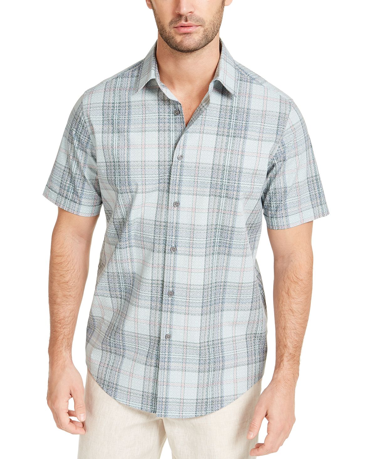 Tasso Elba Stretch Geo Plaid Shirt Green Combo
