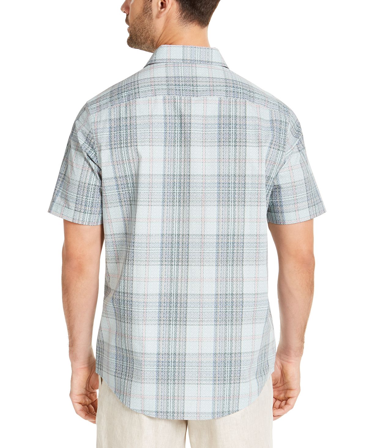 Tasso Elba Stretch Geo Plaid Shirt Green Combo