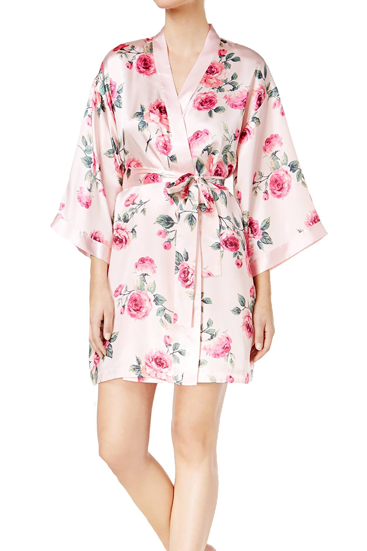 Thalia Sodi Intimates Pink/Floral-Print Banded Wrap Robe