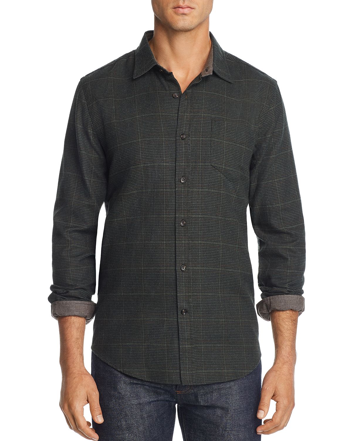 The Men's Store Plaid Houndstooth-print Regular Fit Flannel Shirt Green