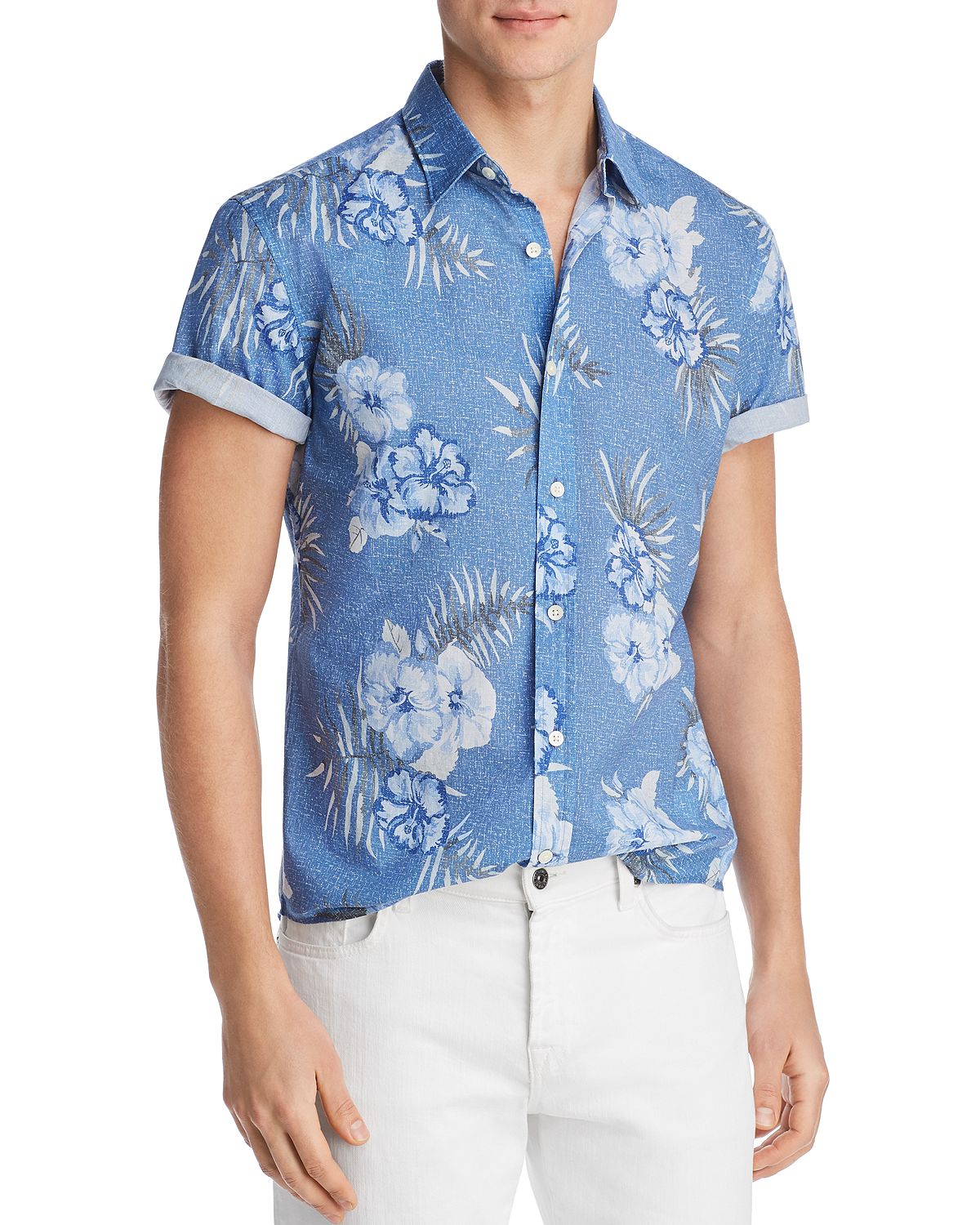 The Men's Store Short-sleeve Floral-print Classic Fit Poplin Shirt Floral Print