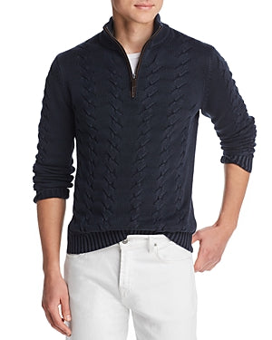 The Men's Store Suede-Accented Half-Zip Cable-Knit Sweater