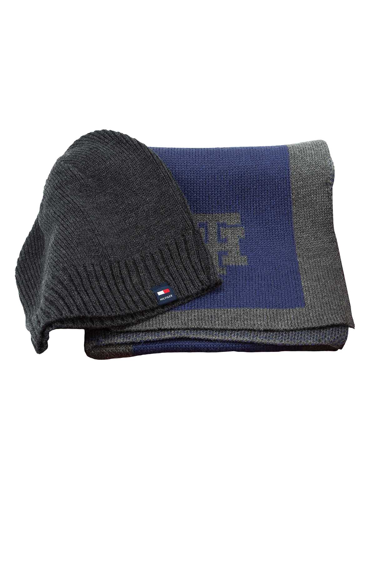 Tommy Hilfiger Grey/Blue Beanie & Scarf Set