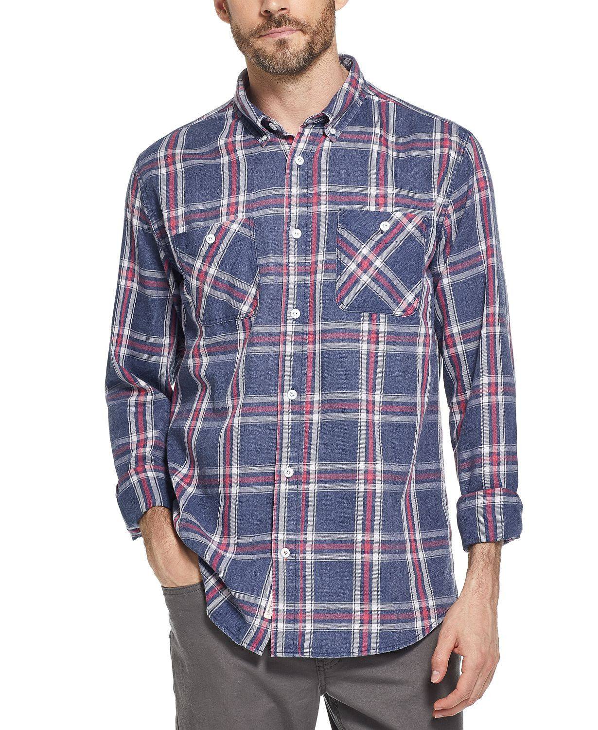 Weatherproof Vintage Indigo Blues Plaid Shirt Med Blue