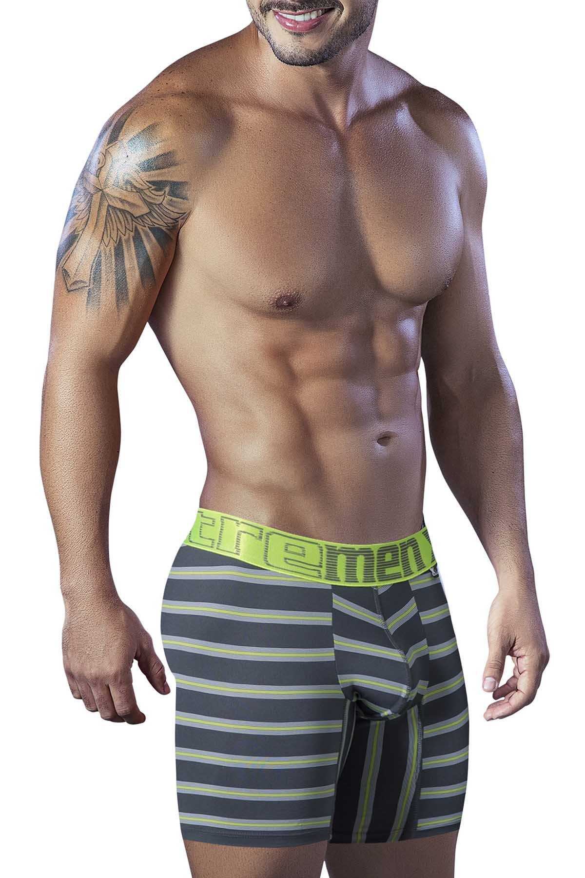 XTREMEN Grey/Neon-Green Striped Sport Performance Breathable Boxer Brie