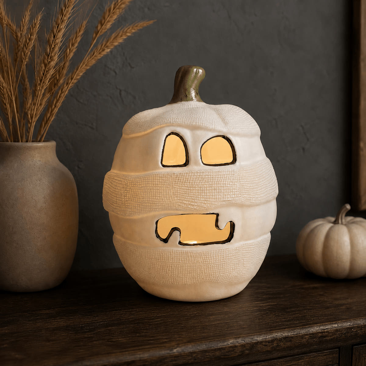 10.5-Inch Lighted Mummy Pumpkin Halloween Decor
