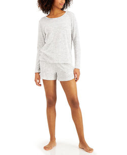 Alfani Long-sleeve Top & Shorts Pajama Set Grey Heath thumbnail 1
