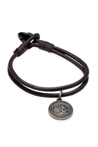 Amigaz Black Leather Cord Bracelet with Saint Christopher Charm