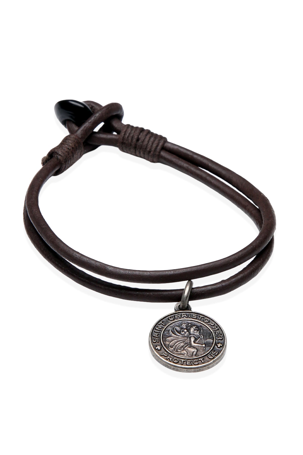 Amigaz Black Leather Cord Bracelet with Saint Christopher Charm