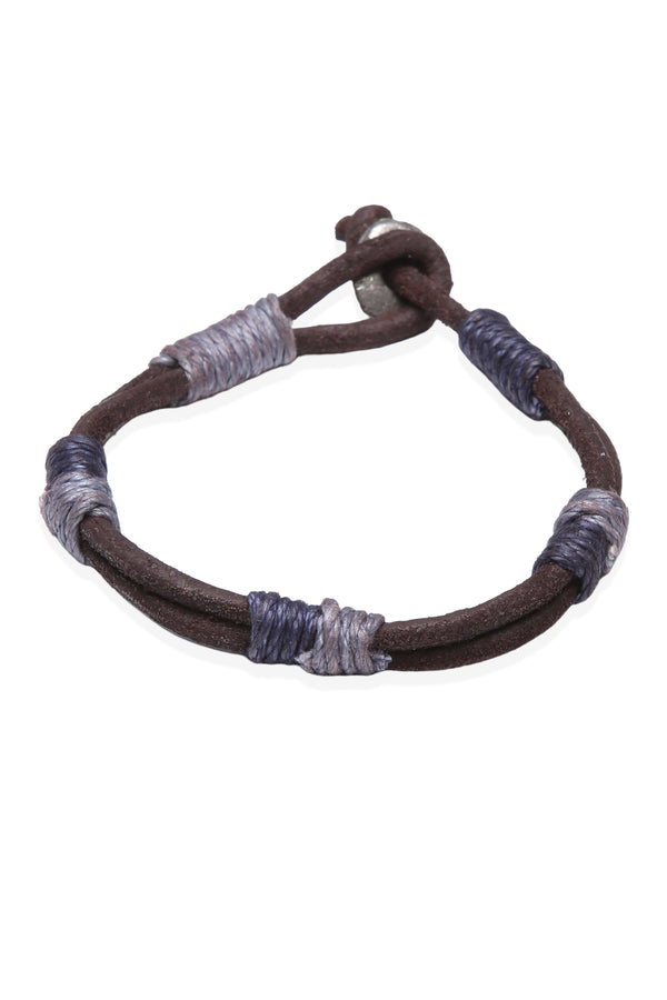 Amigaz Brown Leather Cord Bracelet with Blue Wrap Accents