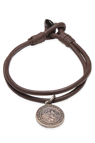 Amigaz Brown Leather Cord Bracelet with Saint Christopher Charm
