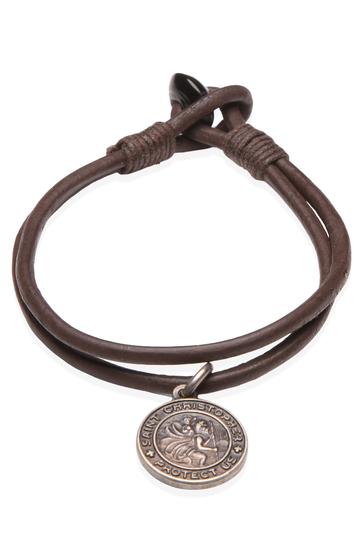Amigaz Brown Leather Cord Bracelet with Saint Christopher Charm