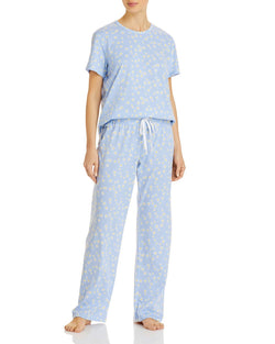 Aqua Floral Print Pajama Set Light Blue thumbnail 1
