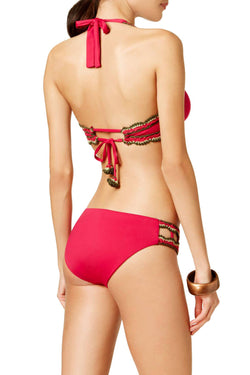 BECCA by Rebecca Virtue Medina Crochet Trim Halter Bikini Top in Raspberry thumbnail 4