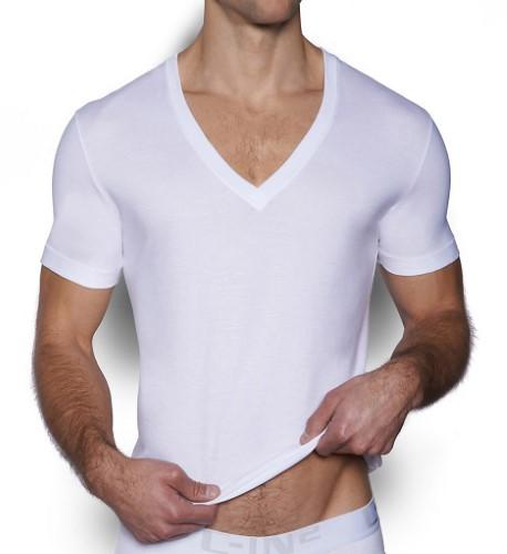 C-IN2 White Core Deep V-Neck Knit Cotton T-Shirt