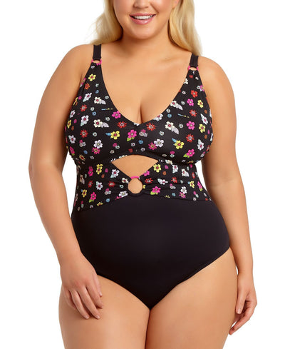 California Waves Trendy Plus Graceful Garden Printed Peekaboo Ring One-piece Swimsuit Graceful Garden