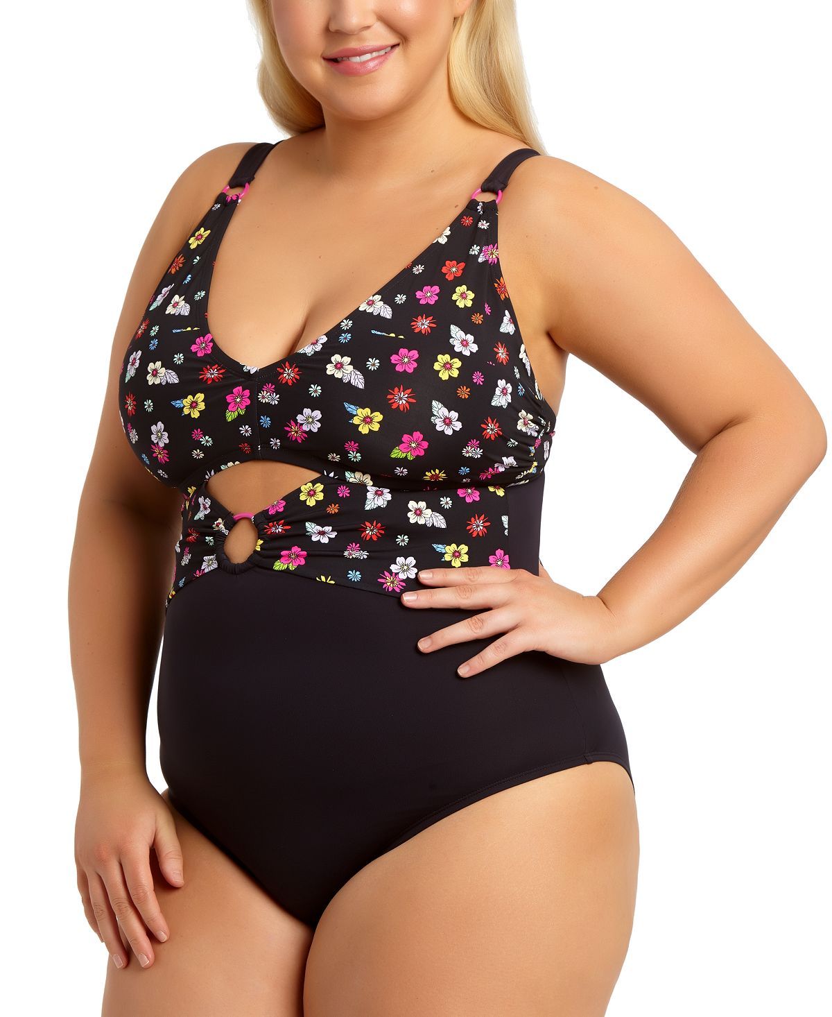 California Waves Trendy Plus Graceful Garden Printed Peekaboo Ring One-piece Swimsuit Graceful Garden
