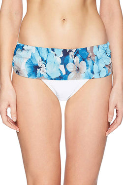 Calvin Klein Fold Over Waist Bikini Bottom in Soft White/Blue Floral thumbnail 1