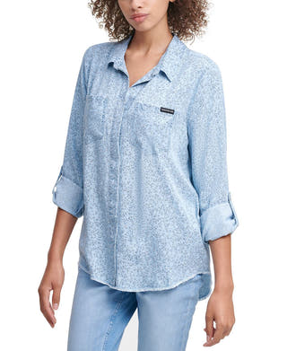 Calvin Klein Jeans Leopard Button Front Shirt Chambray Blue